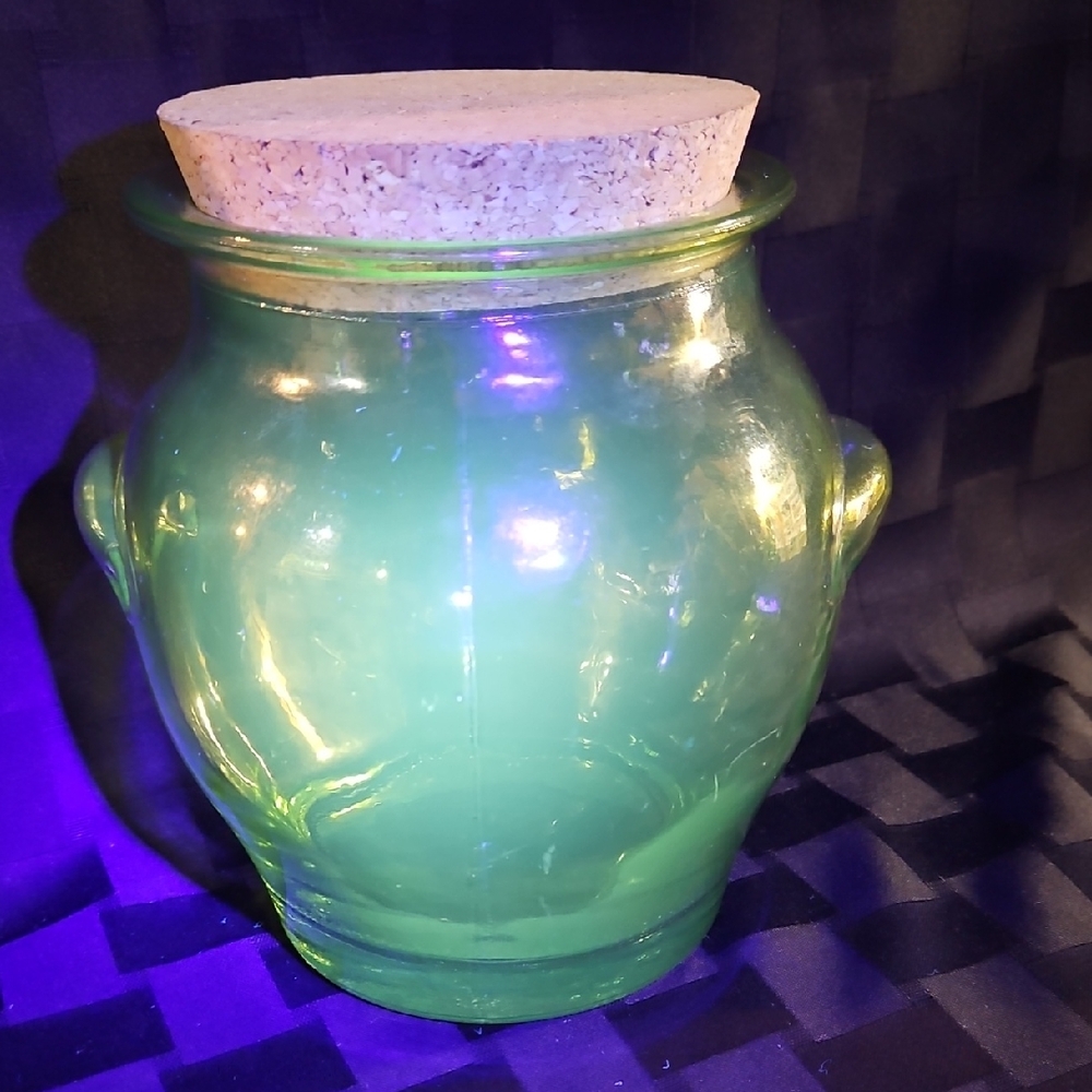 Crate & Barrel Recycled Green Glass Canister Jar with Cork Stopper, UV Reactive